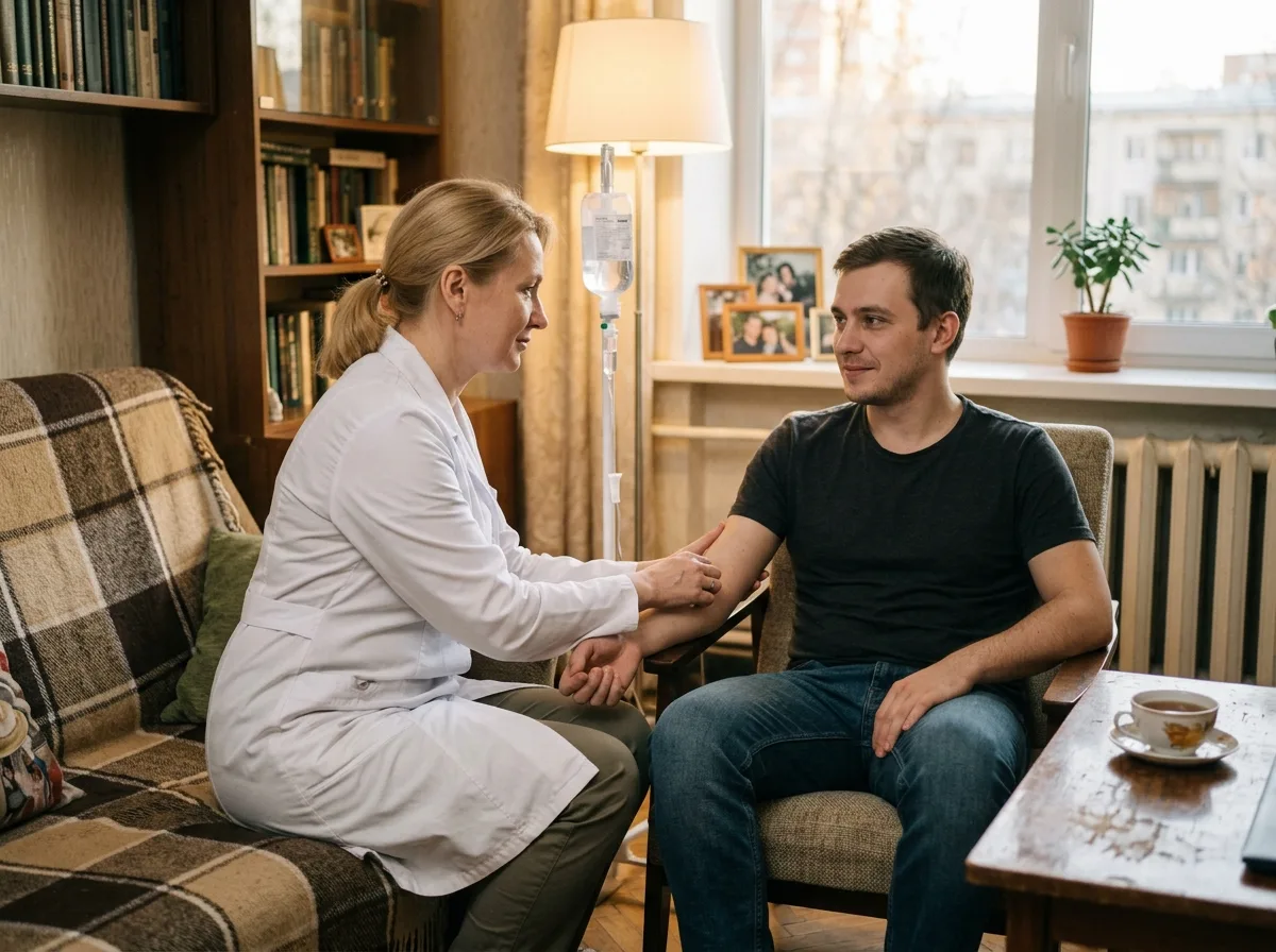 Врач-нарколог в белом халате ставит капельницу пациенту в домашних условиях, Москва, спокойная обстановка, доверие